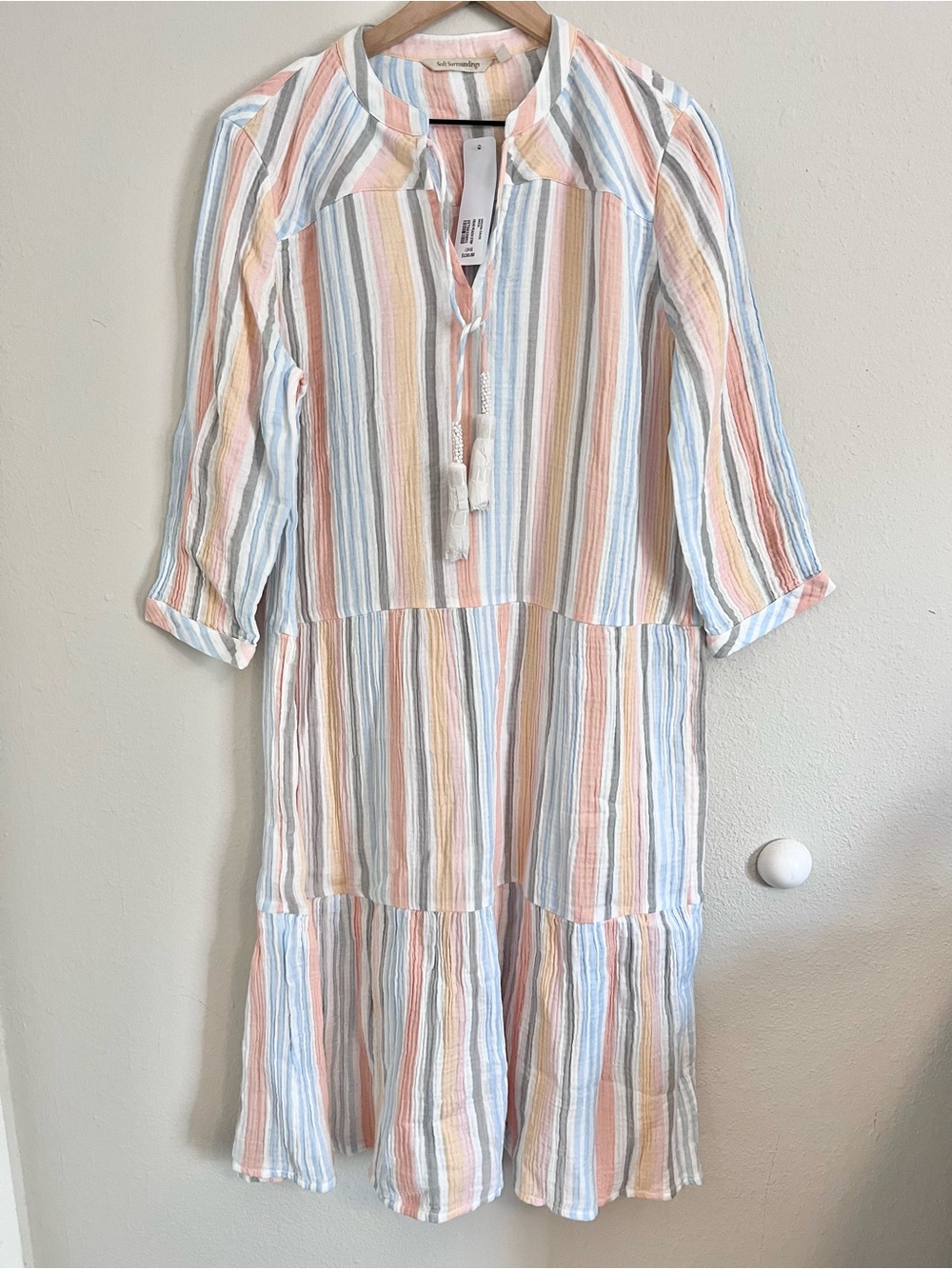 Soft Surroundings Gauze Striped Dress Sz L 14-16 Peach Grey Maxi Tiered Tie NWT